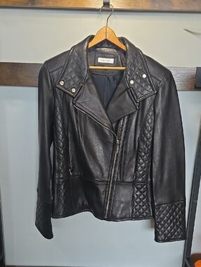 Calvin Klein Black Quilted-Panel Leather Moto Jacket